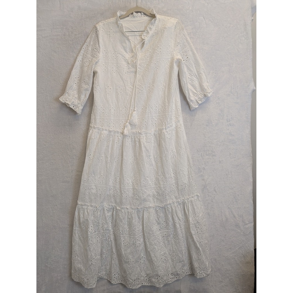 SHEIN White Eyelet Lace Tiered Maxi Dress Boho Festival Prairie Size S